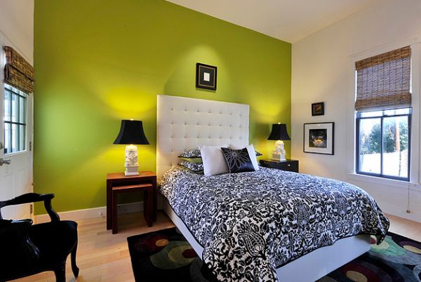 lime green accent bedroom wall and dark accents