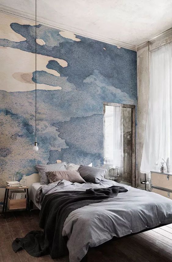 monochrome-bedroom-with-watercolor-accent-wall