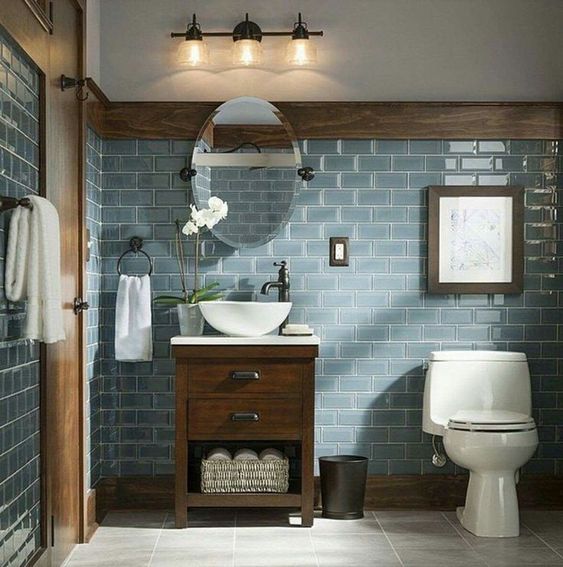 Modern farmhouse Bathroom with Blue Grey Glass Tile walls
