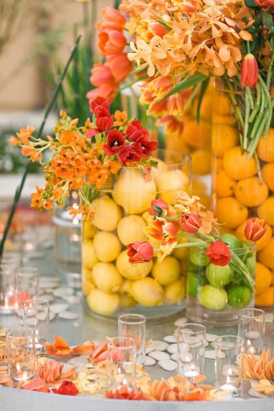 Flowers And Floating Citruses Table Decor