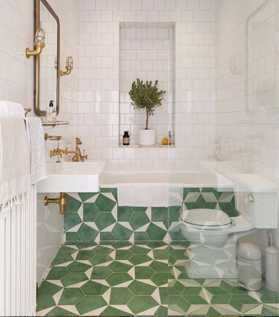 Modern White bathroom with green and white accent floor