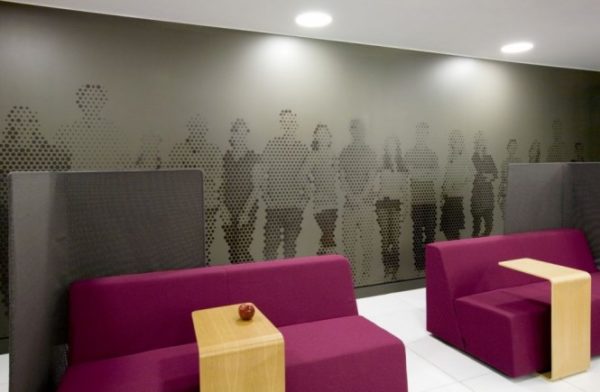 grey and magenta office with accent wall 