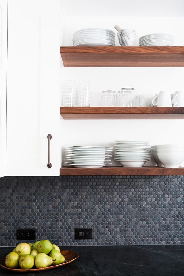 Dark Gray Penny Tiles Backsplash In A White Kitchen