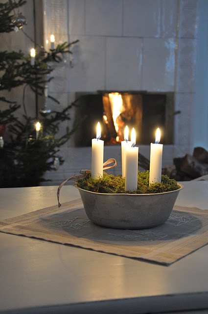 DIY rustic bowl centerpiece with moss and candles