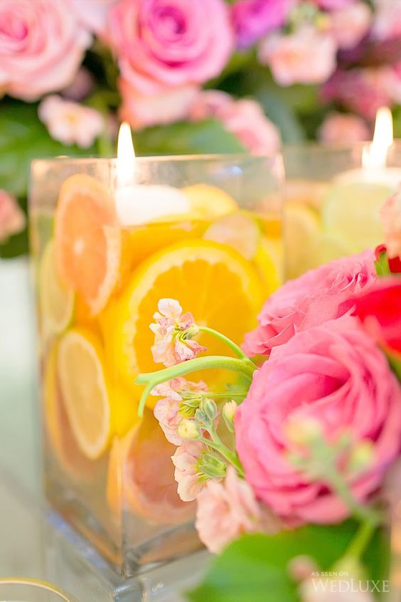 Floating Candles And Fruits Wedding Decor
