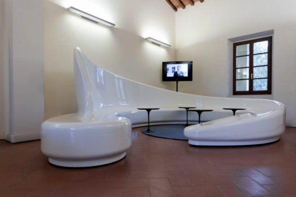 futuristic living room  with plastic white couch