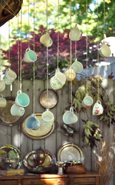 Hanging Garden Decor With Vintage Tea Cups And Mugs