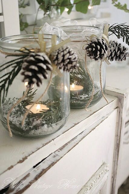 DIY Maison Jars candle holders with pine cones ,jute twine and pine branches