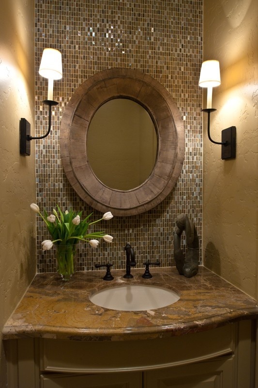 mosaic tile bathroom backsplash and marble countertop