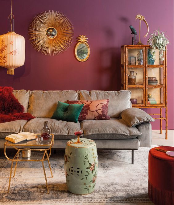 red living room with bohemian vibe
