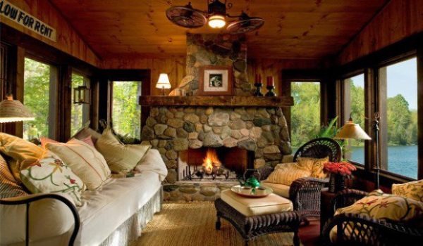 Rustic Style Sunroom With A Fireplace