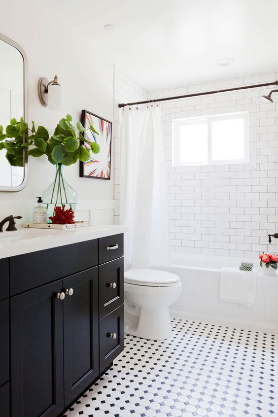 Stylish Modern White Bathroom With Dark Vanity Cabinet