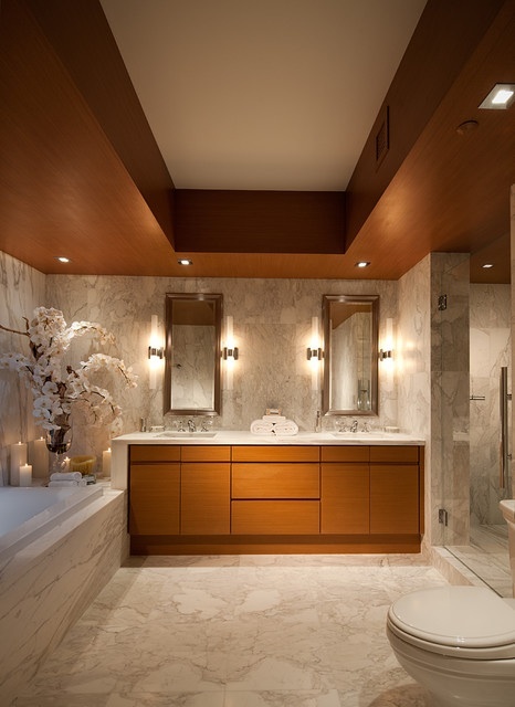 wood and marble master bathroom
