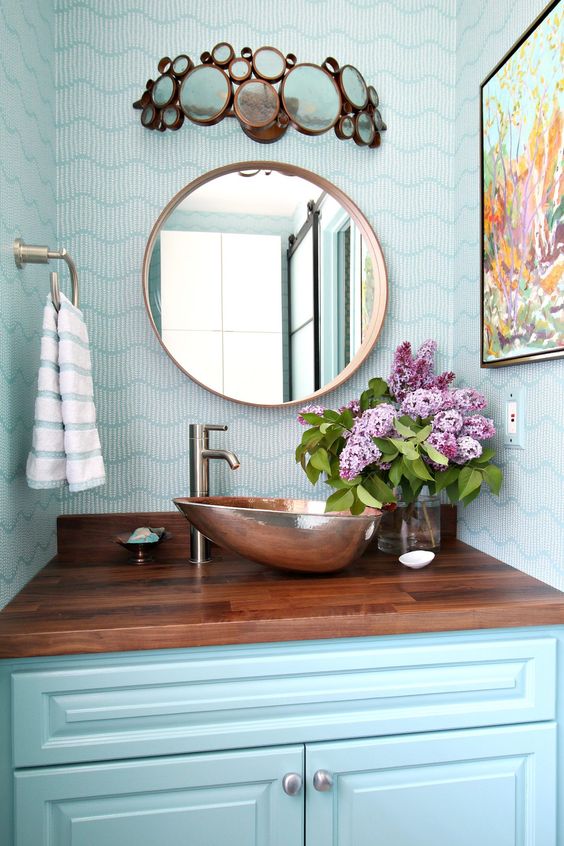 Turquoise Bathroom With Copper Basin