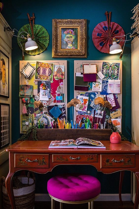 Vintage maximalist colorful home office
