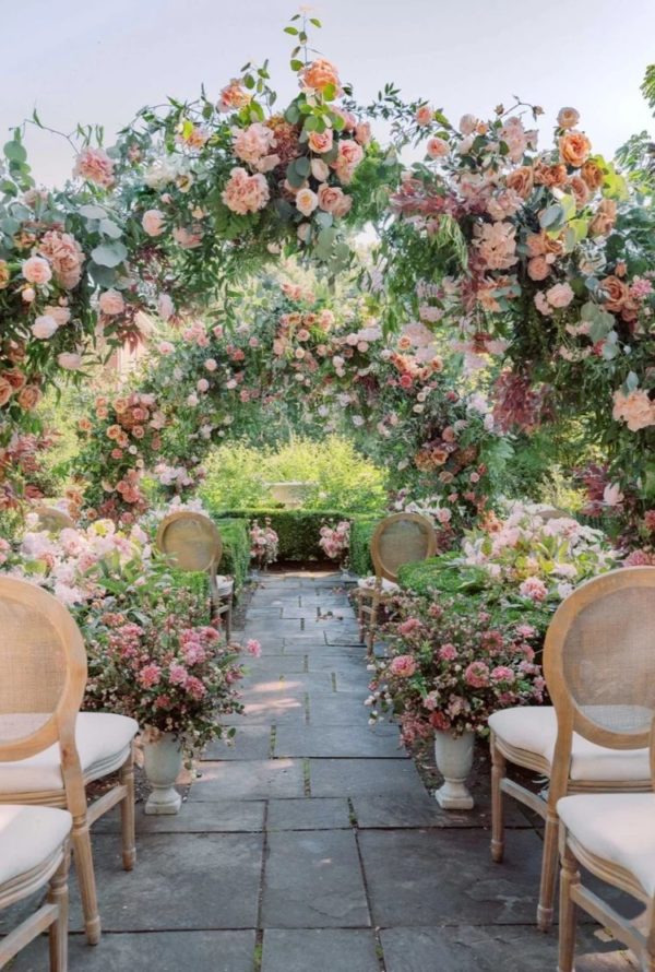 Wedding Aisle Design with Multiple Arches and Pastel Pink Roses and peonies