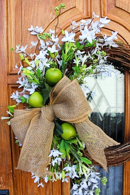 Fruits And Flowers Spring Wreath With A Burlap Bow