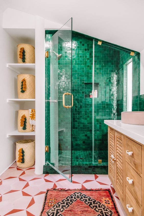 green shower in a white bathroom