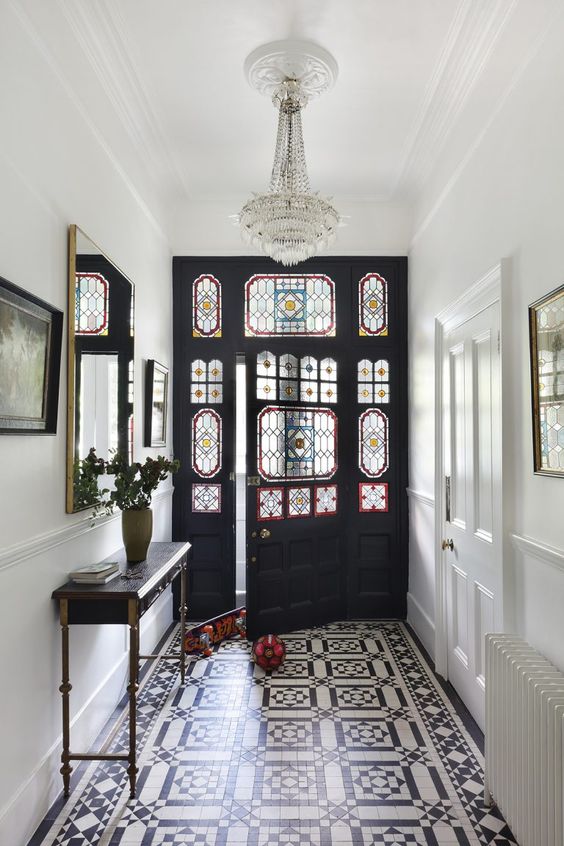 Large Black Front Door With Mosaic Panels