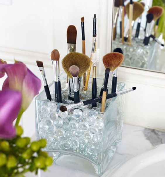makeup-brush-holder with clear glass pebbles