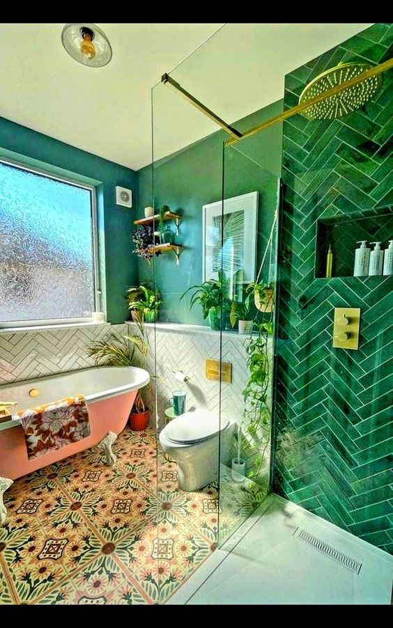 Vibrant Green bathroom with pink bathtub and multicolor floor tiles