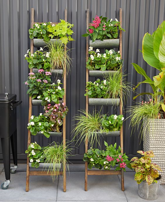 Wooden Ladder Planters With Zinc Troughs