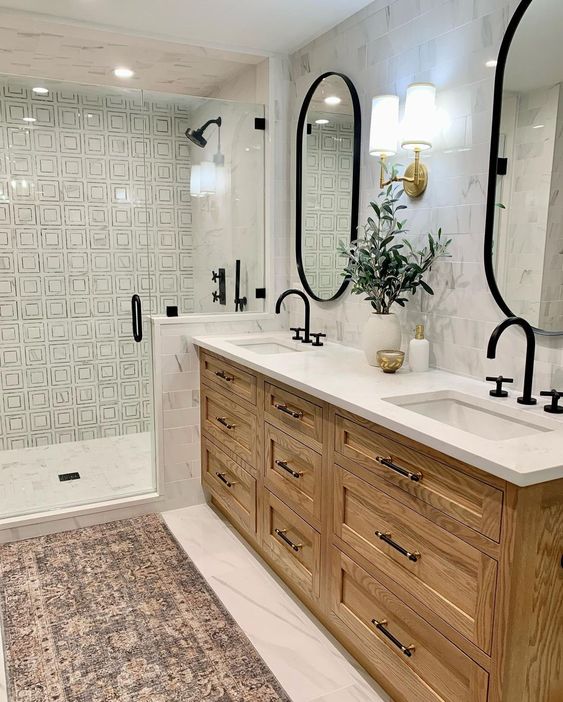 Master bathroom with Organic Modern Double Vanity with Walk In-Shower