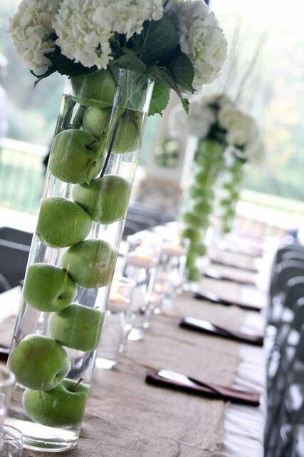 Floating Green Apples And Flowers Table Decor
